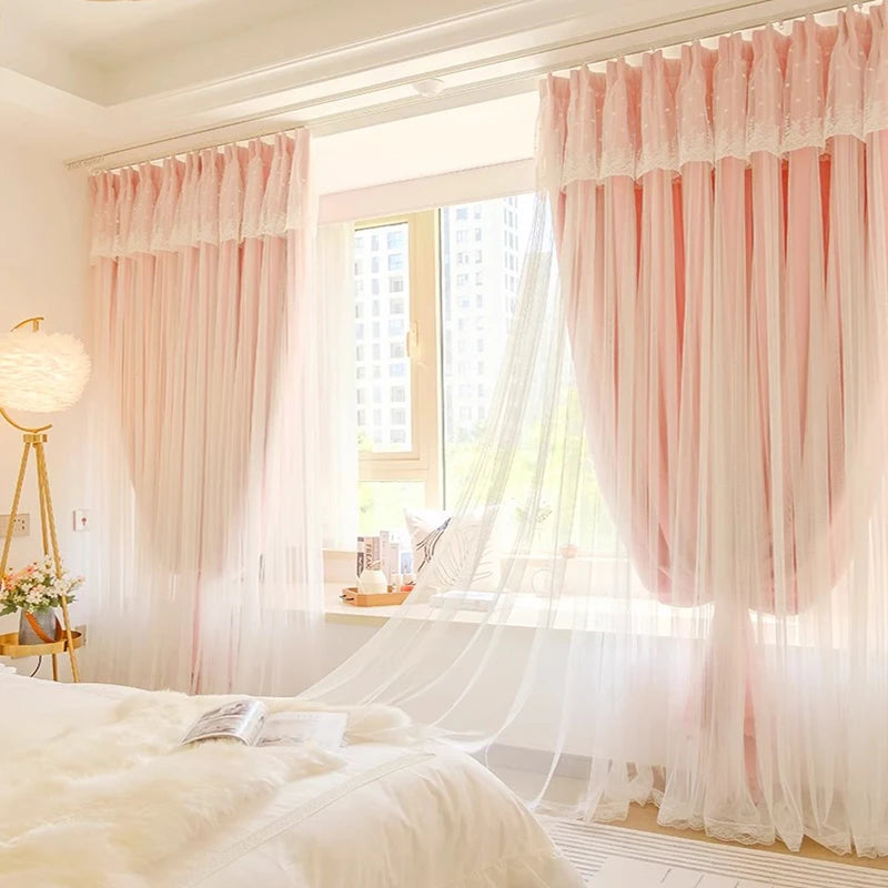 2pcs girls double princess style French pink curtain