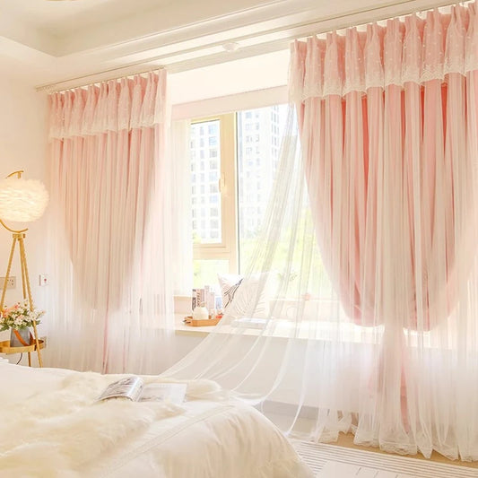 2pcs girls double princess style French pink curtain