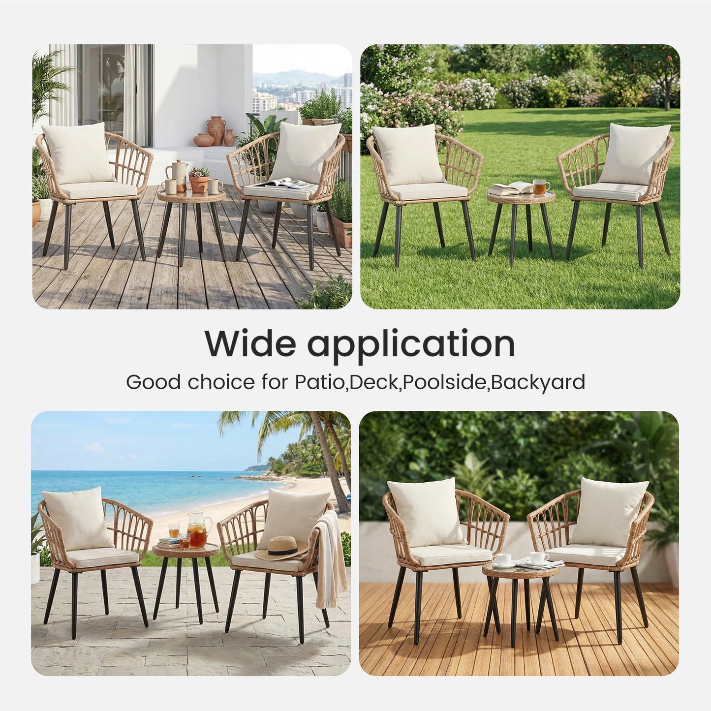 Wicker Patio Set with Soft Cushion and Glass Steel Frame Table