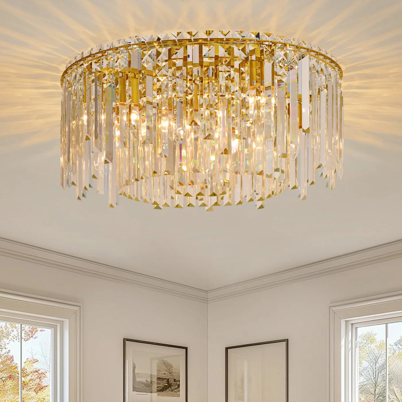 Luxury Gold Crystal Flush Mount Teardrop Crystal Chandelier