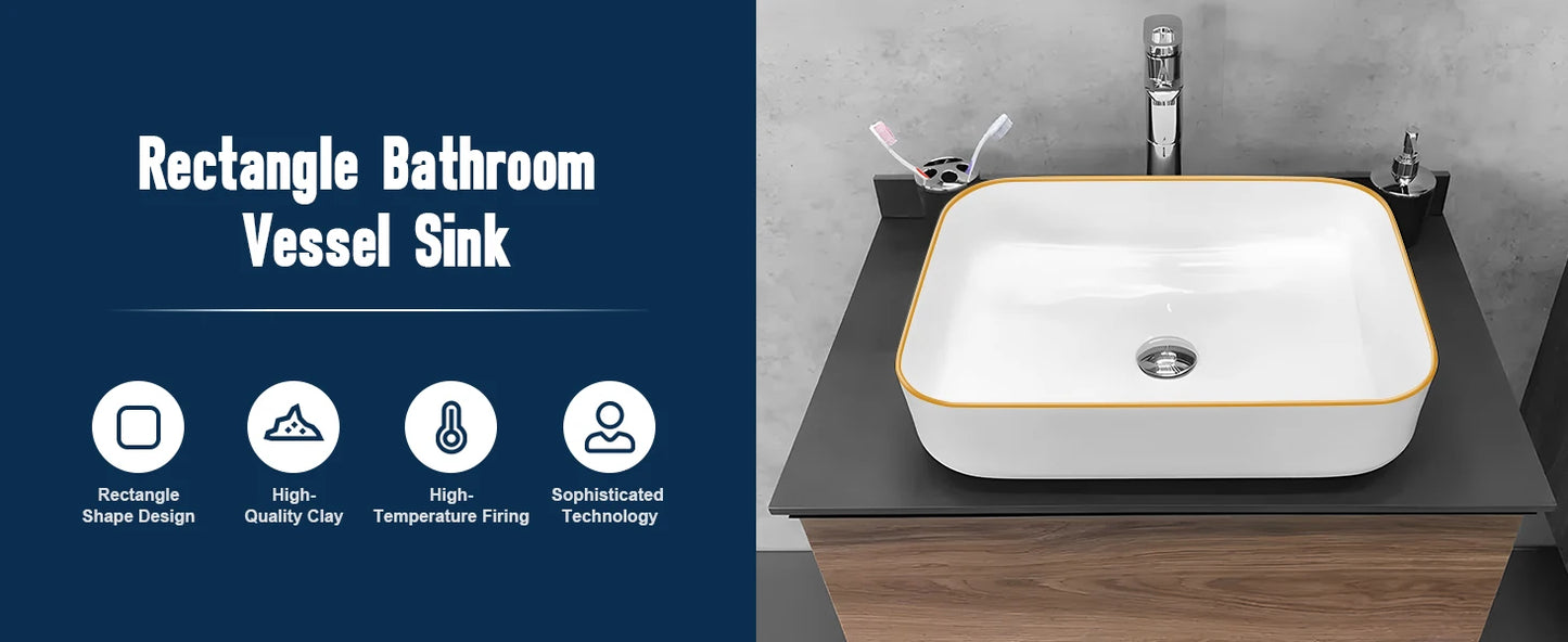 Elegant Modern Ceramic Style Gold Rim Rectangular Vessel Sink