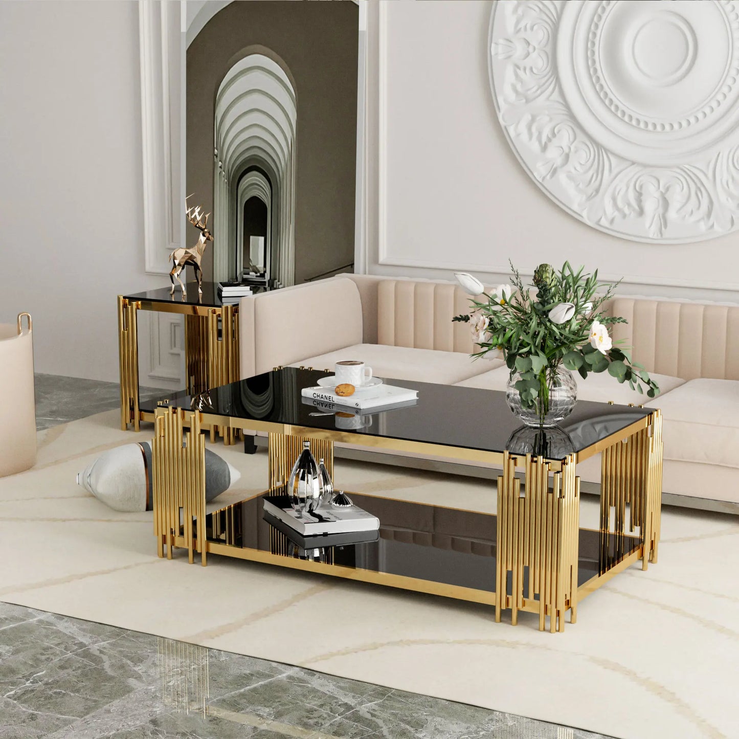 Modern Stainless Steel Rectangle Black Tempered Glass Coffee Table