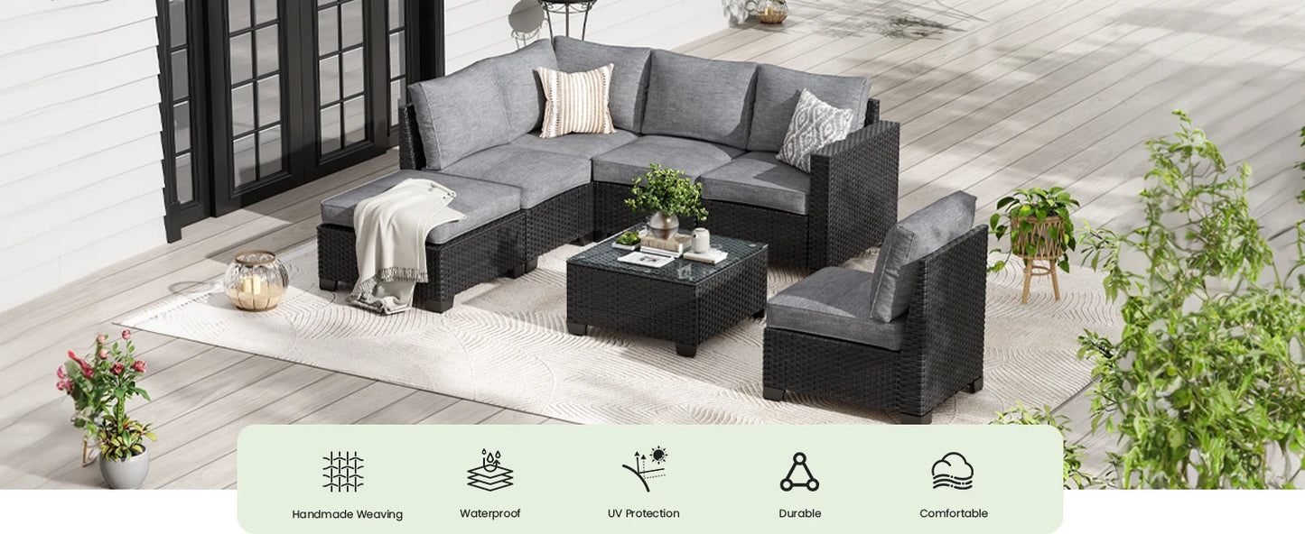 Patio Sectional Sofa Set with Ottoman, Water/Oil/Stain-Resistant Fabric
