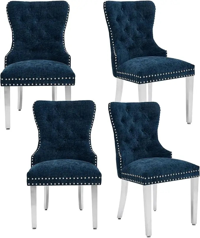 Tufted Upholstered Velvet Dining Chairs with Pull Ring and Stainless Steel Legs