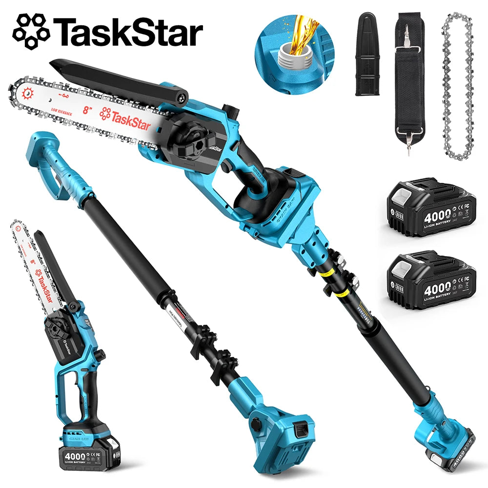 Electric Pole Saw, Cordless Chainsaw, Telescopic Pole, Pruning Tool, 2 4.0Ah Batteries