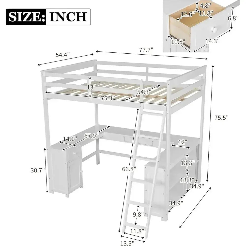 Wooden U-Shaped Loft Bed with Desk