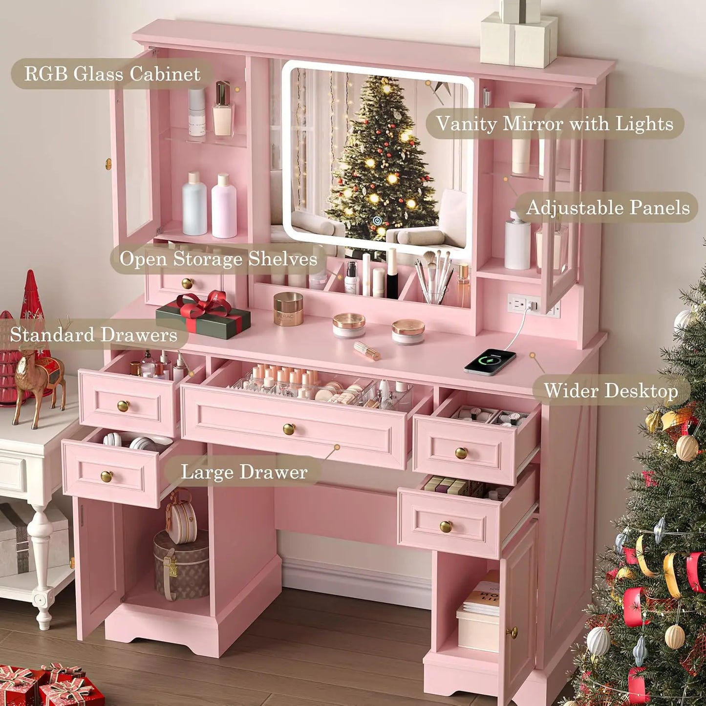 Vanity Desk with Mirror Lights RGB Cabinet Charging Station
