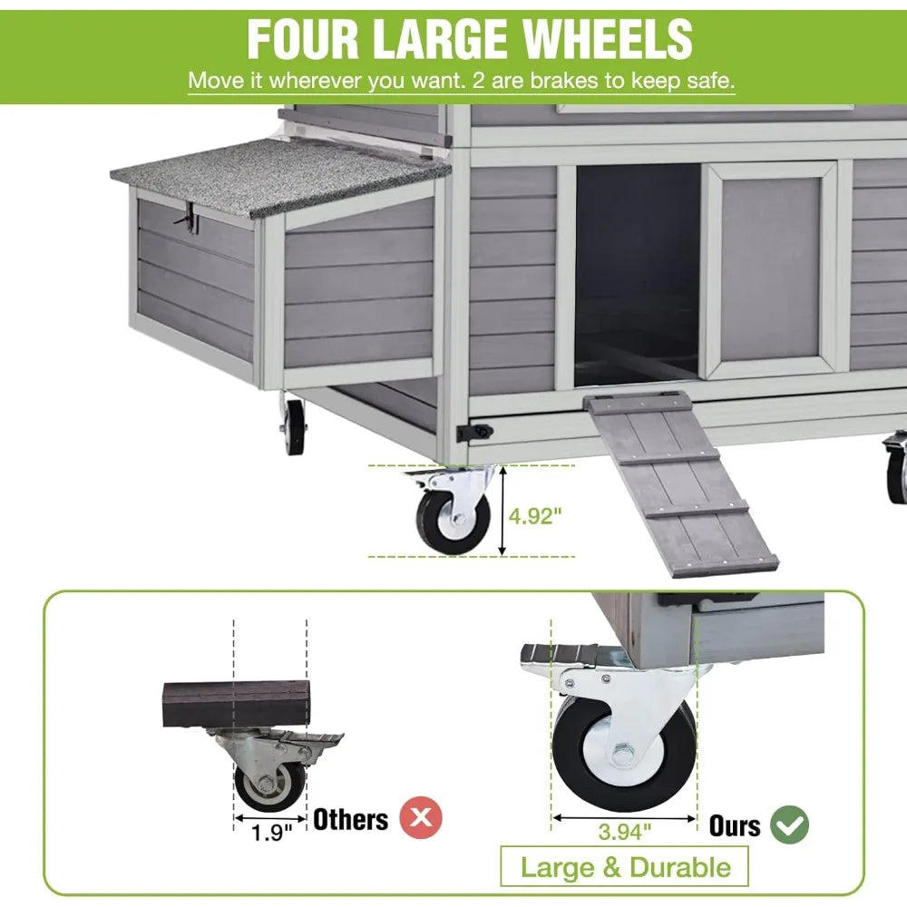 Large Chicken Coop on Wheels Mobile Wooden Hen House Weatherproof Duck Poultry Cage 67.3" L for 6-8 Chickens with 6 Nesting Box