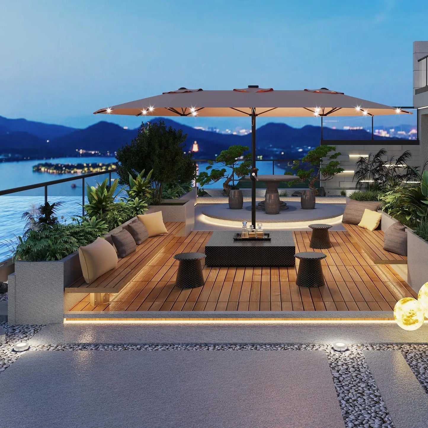 Outdoor Patio Umbrella With Solar LED Lights & Base