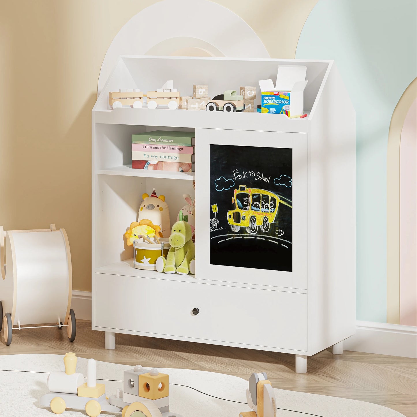 Bookshelf for Toy Storage Organizer with Blackboard House