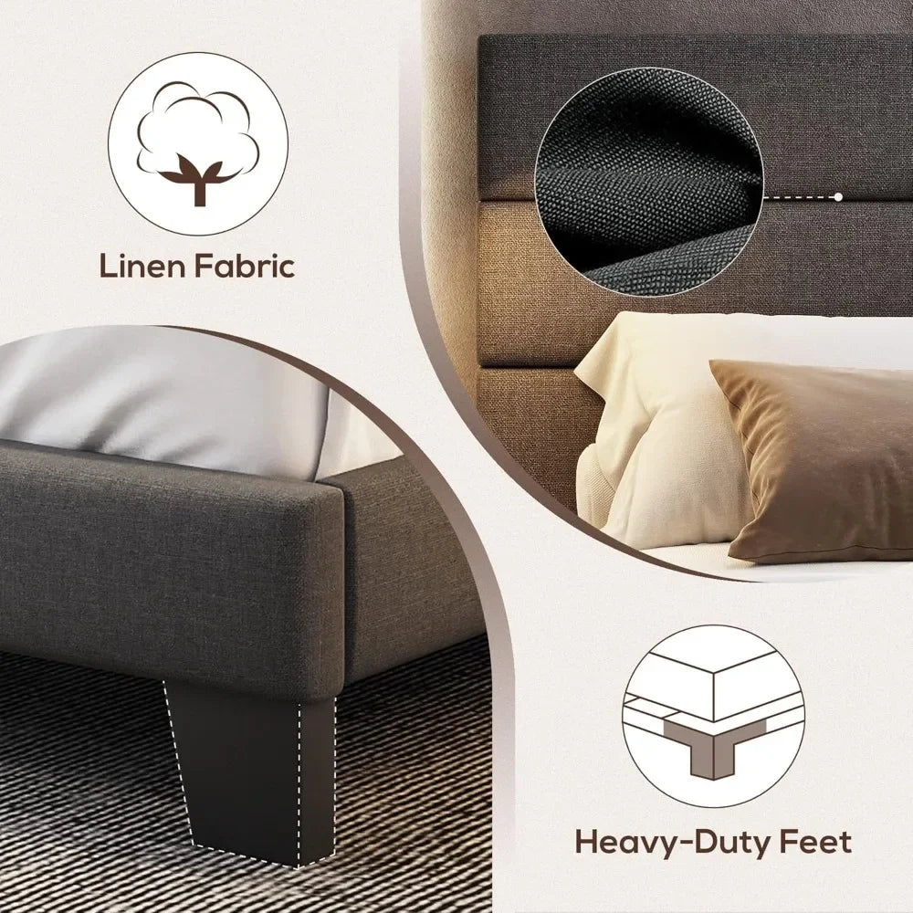 Wooden Slats Platform Linen Fabric Headboard - Bedroom Furniture