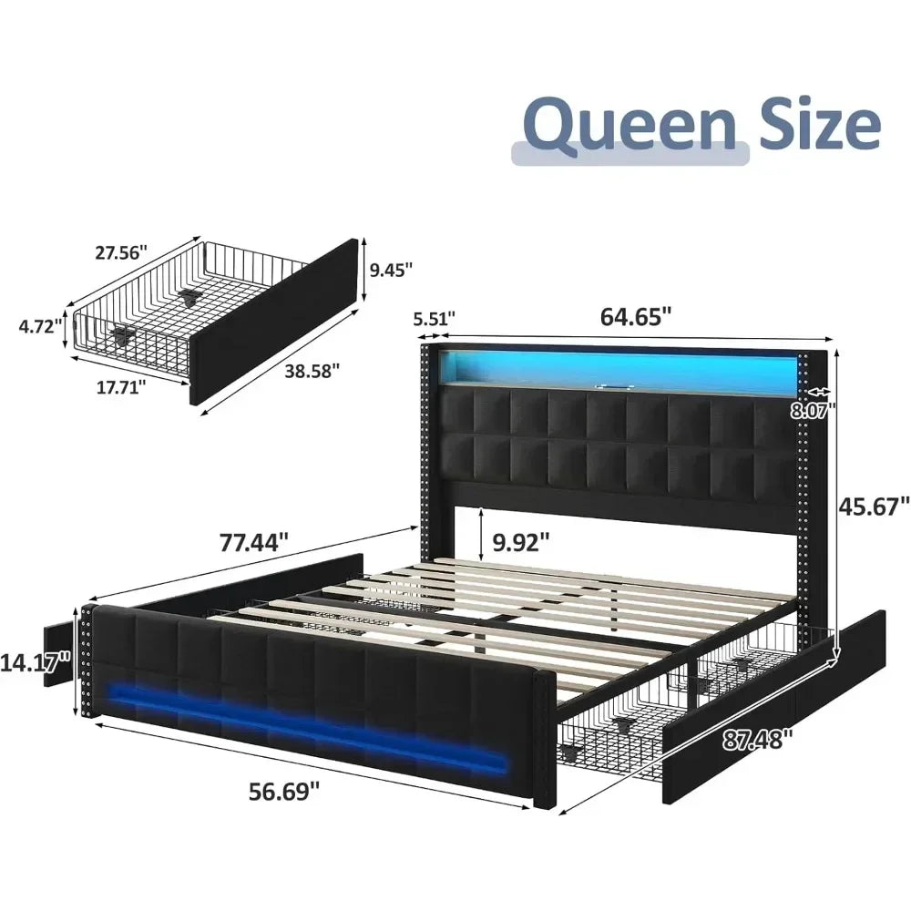 Bed Frame with 4 Storage Drawers with LED Light