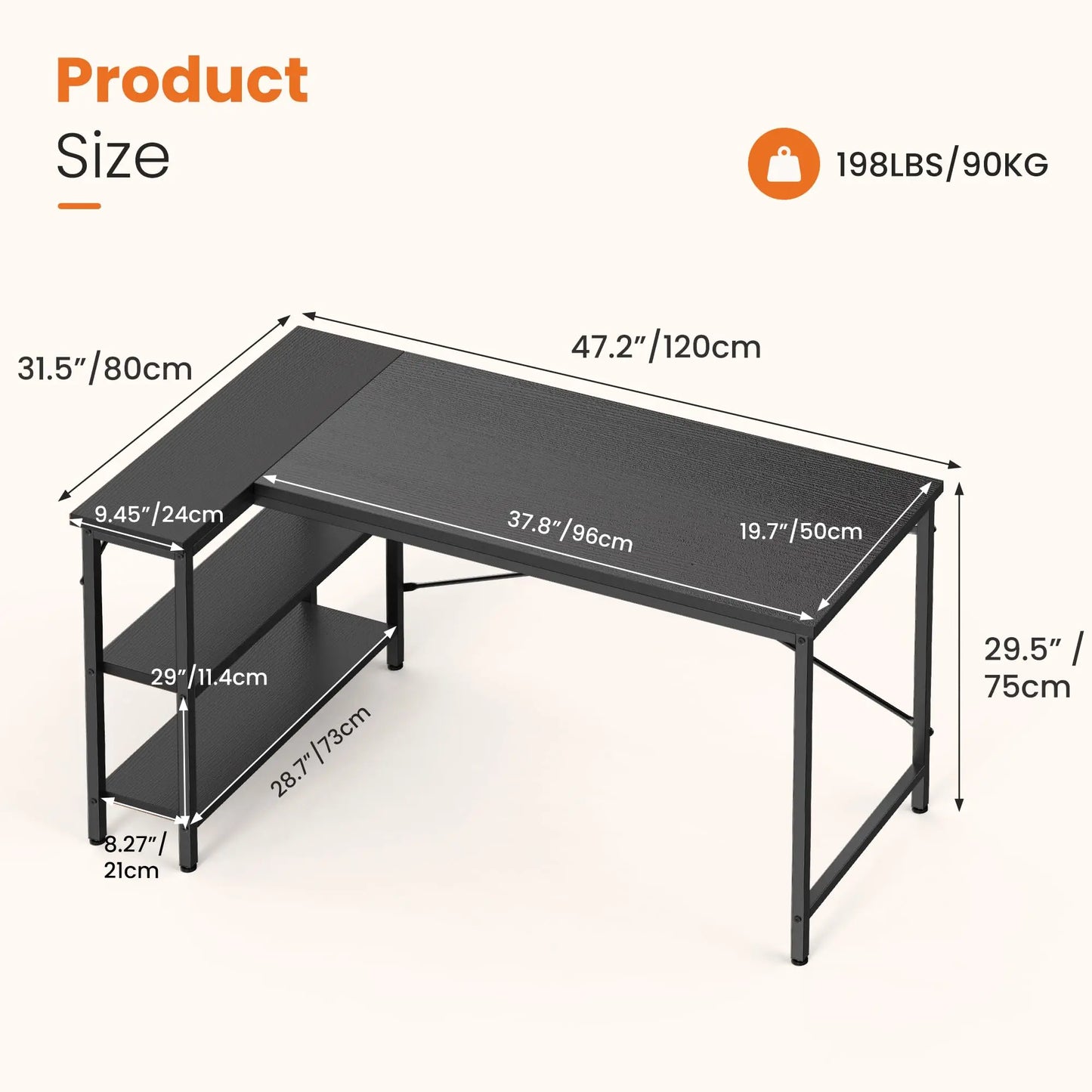 L Shaped Corner Desk Furniture  with Reversible Storage Shelves