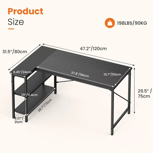 L Shaped Computer Furniture Corner Desks with Reversible Storage Shelves