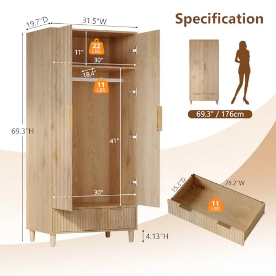 Fluted Wardrobe Closet Armoire