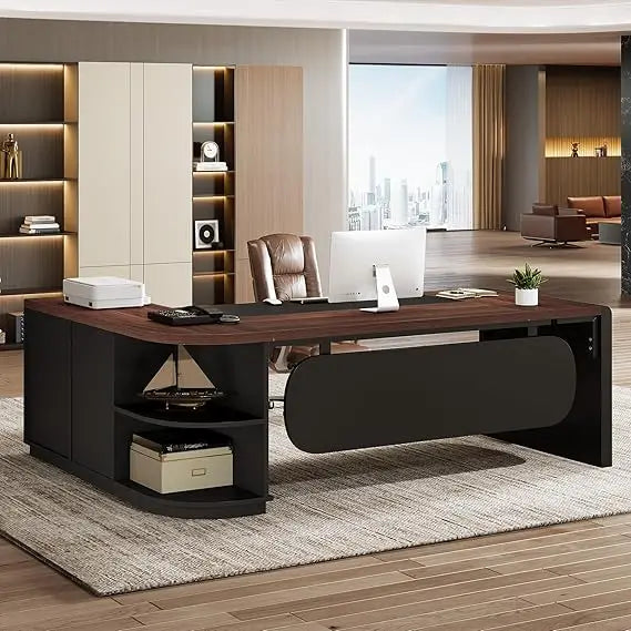 L-Shaped Executive Desk with Cabinet and Storage Shelves