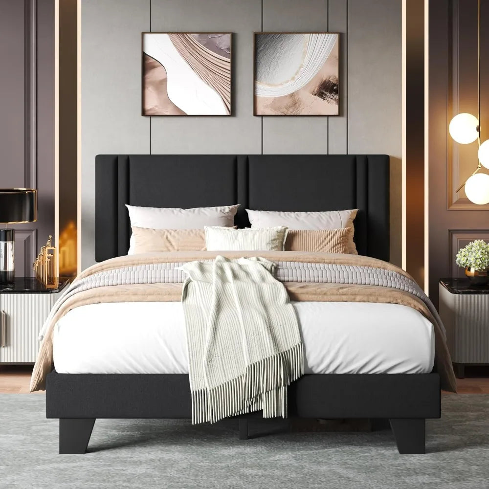 Upholstered Bed Frame with Linen Fabric Headboard