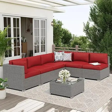 7-Piece Patio Furniture Sofa Set Rattan Wicker Sectional Conversation Sets with Glass Top Table and Cushions