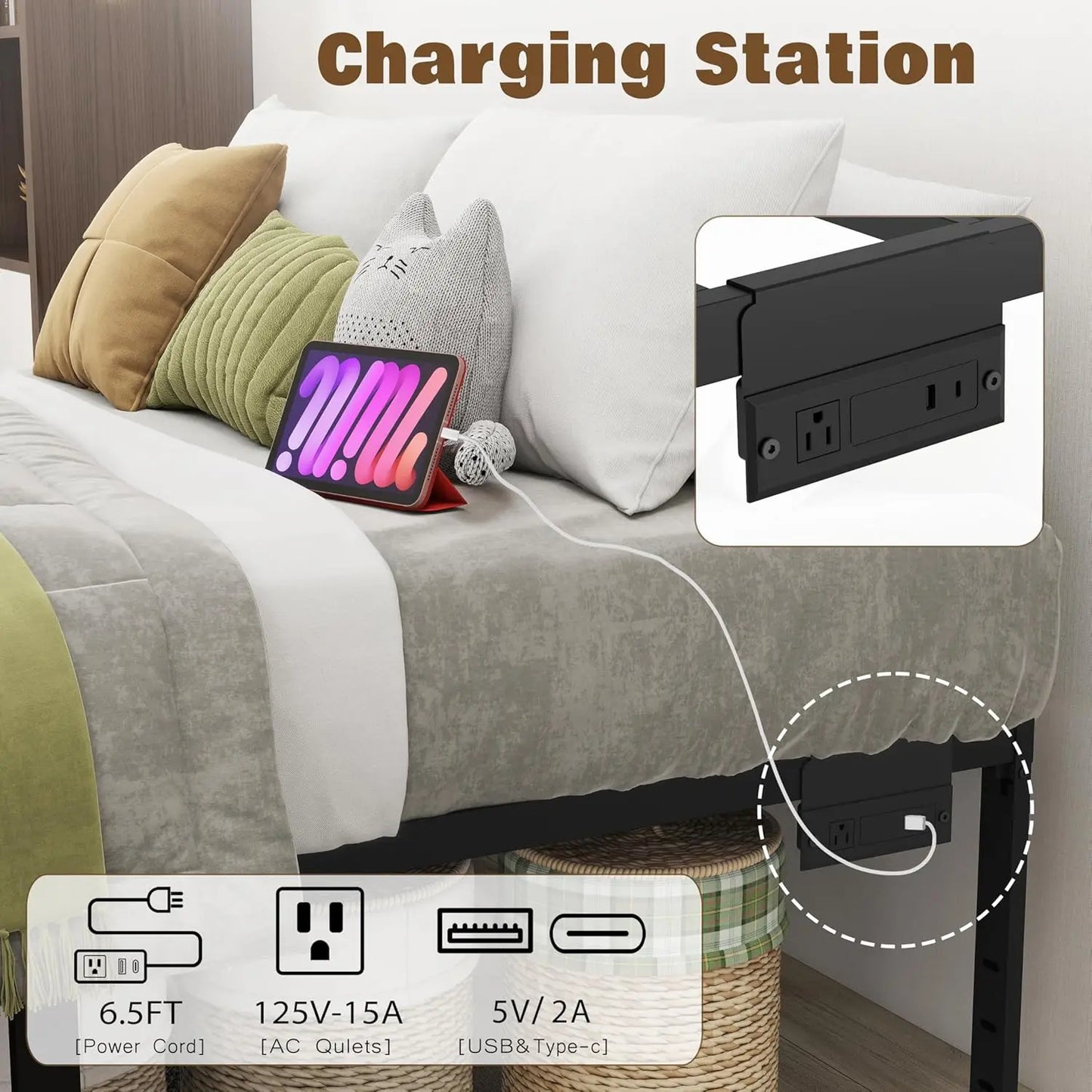 Twin Platform Bed Frame with Storage and LED Lights & Charging Station