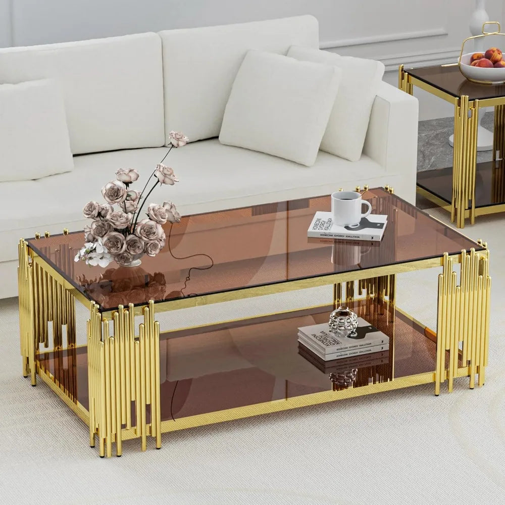 Modern Luxury Stainless Steel Gold Glass Coffee Table