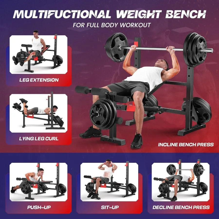 Foldable Adjustable Weight Bench Set with Squat Rack and Leg Extension/Curl