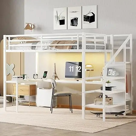 Twin XL Loft Bed with Stairs and L-shaped Desk