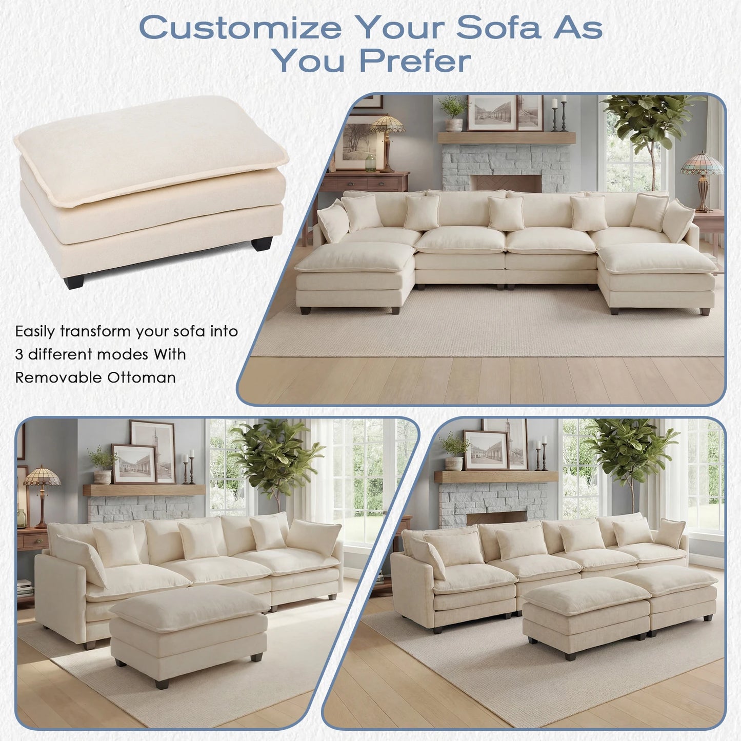 Modular Sectional Sofa with Ottoman, Comfy Cloud Couch with Deep Seat