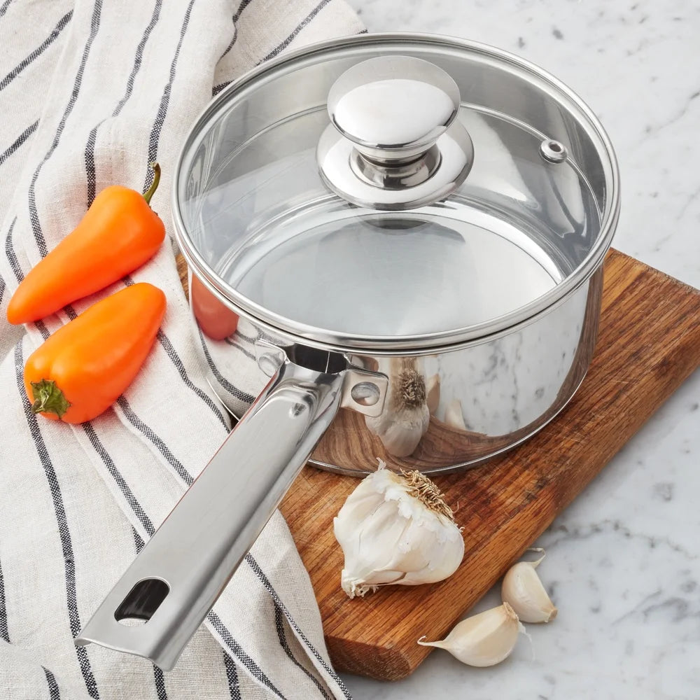 Oven Safe Stainless Steel Saucepan with Straining Lid 1qt Dishwasher Safe