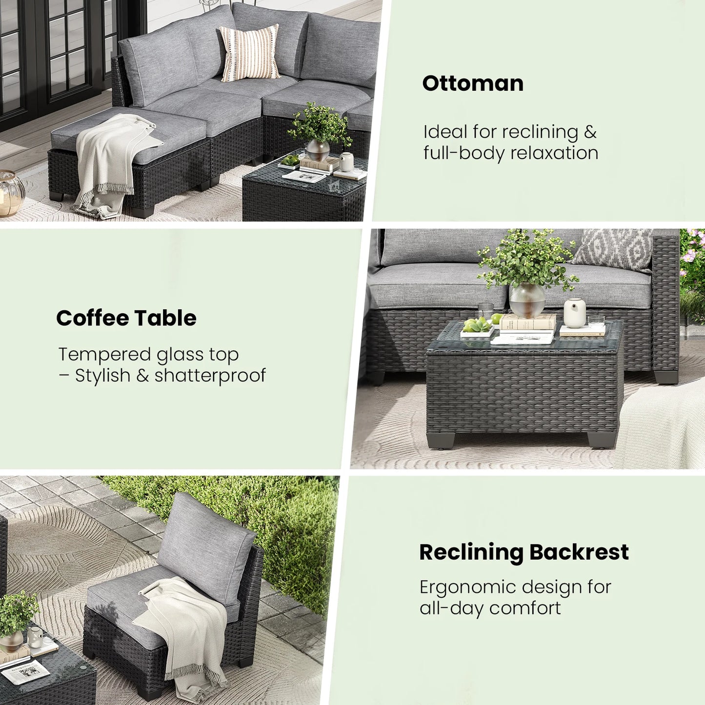 Patio Sectional Sofa Set with Ottoman, Water/Oil/Stain-Resistant Fabric