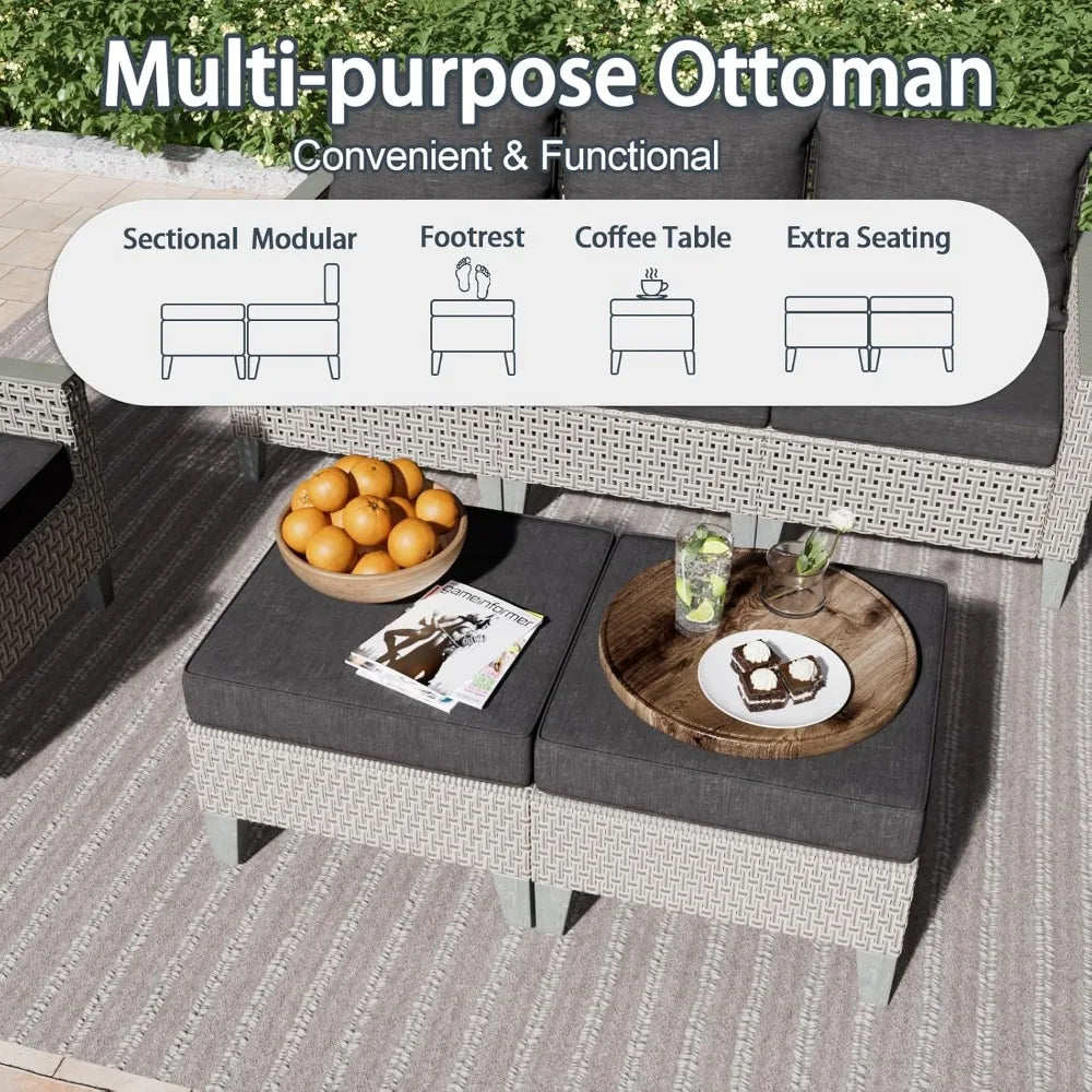 Outdoor Patio Furniture Set with Sectional Sofa, Ottomans and Thick Cushions
