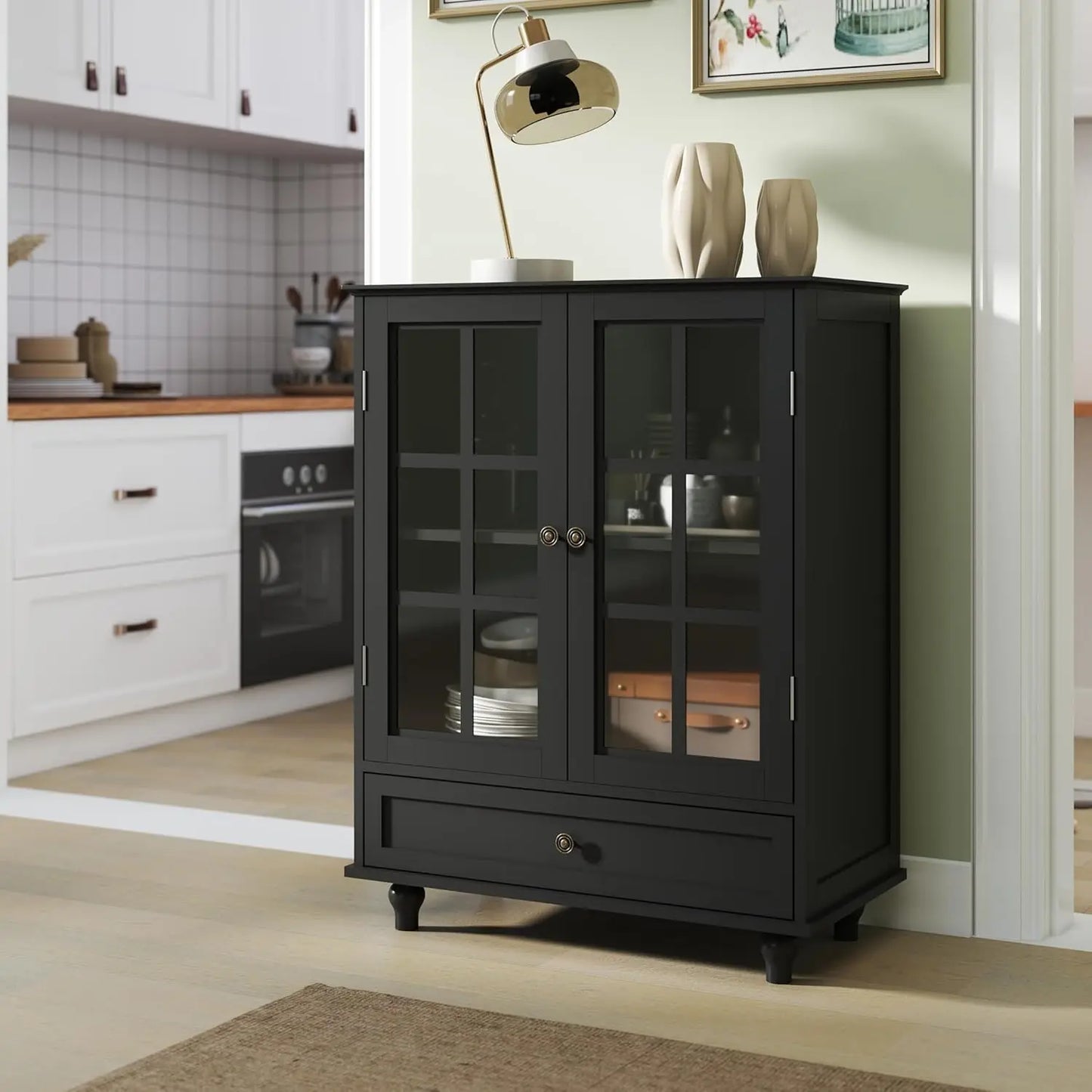 Buffet Cabinet with Glass Doors and Drawer