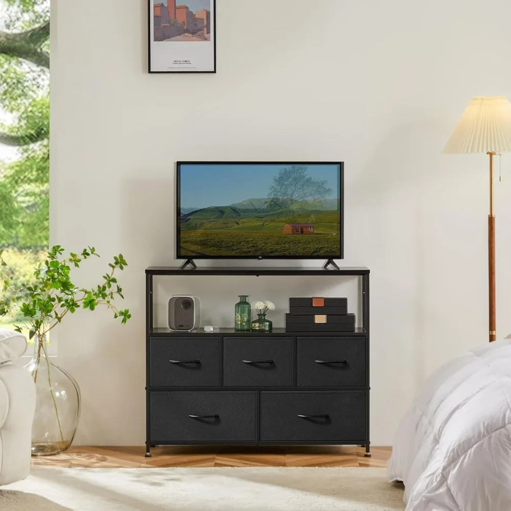 TV Stand Dresser with 5 Fabric Storage Drawers Media Console