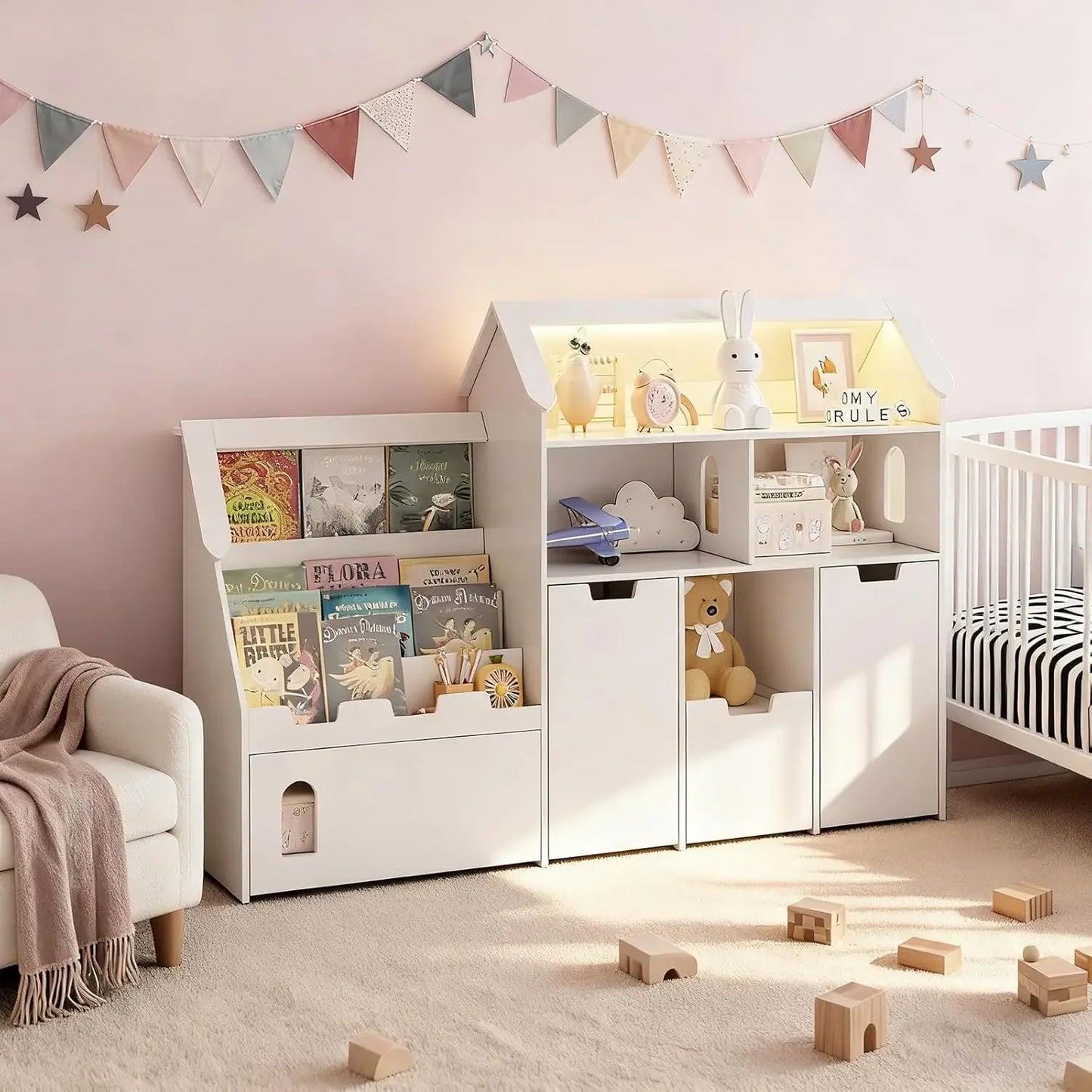 Castle Shaped Bookshelf Storage Organizer With Removable Drawers with LED Lights
