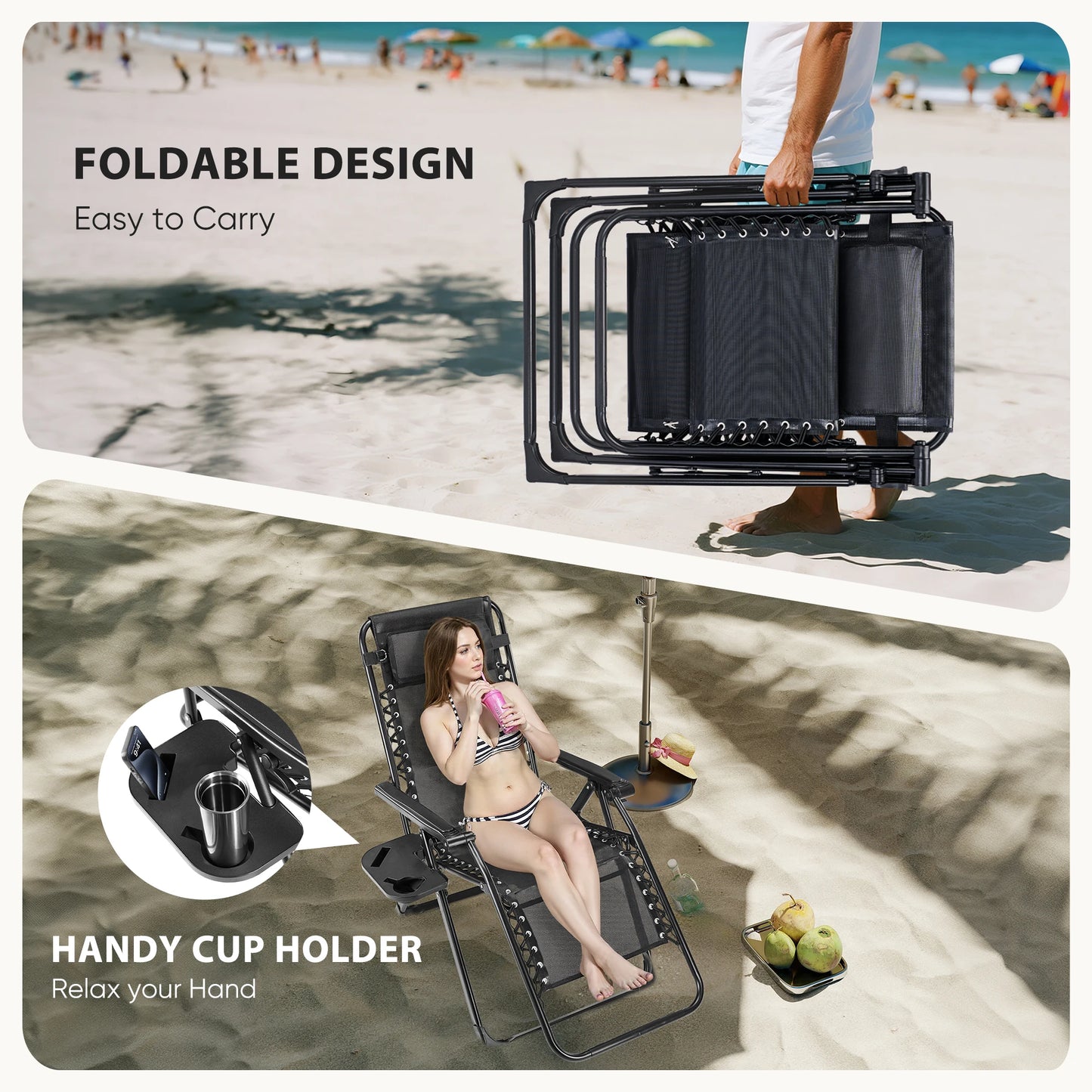 Zero Gravity Recliner Lounge Chair - Folding Portable with Cup Holder Tray