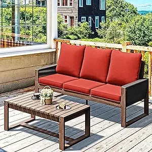 Patio Wood and PET Rope Sofa with Coffee Table