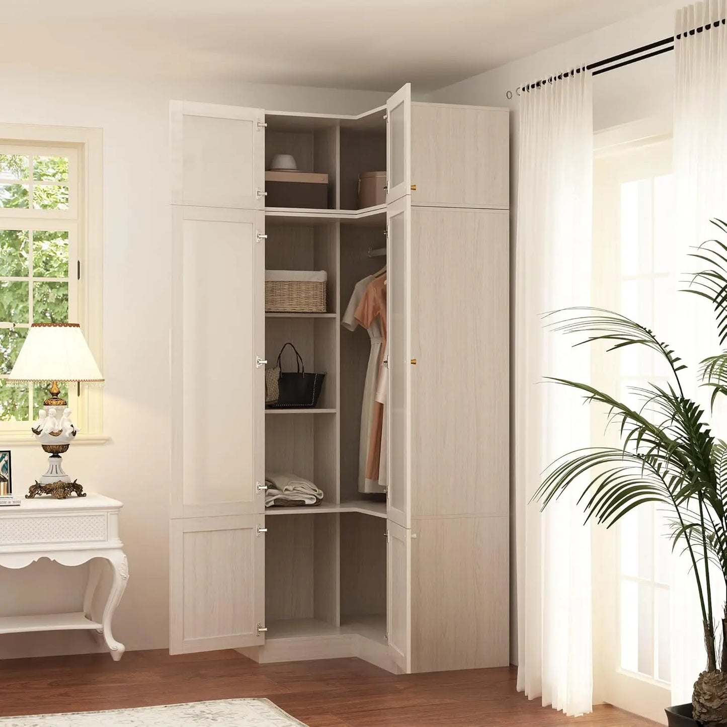 L-Shape Wooden Wardrobe with Frosted Glass Doors