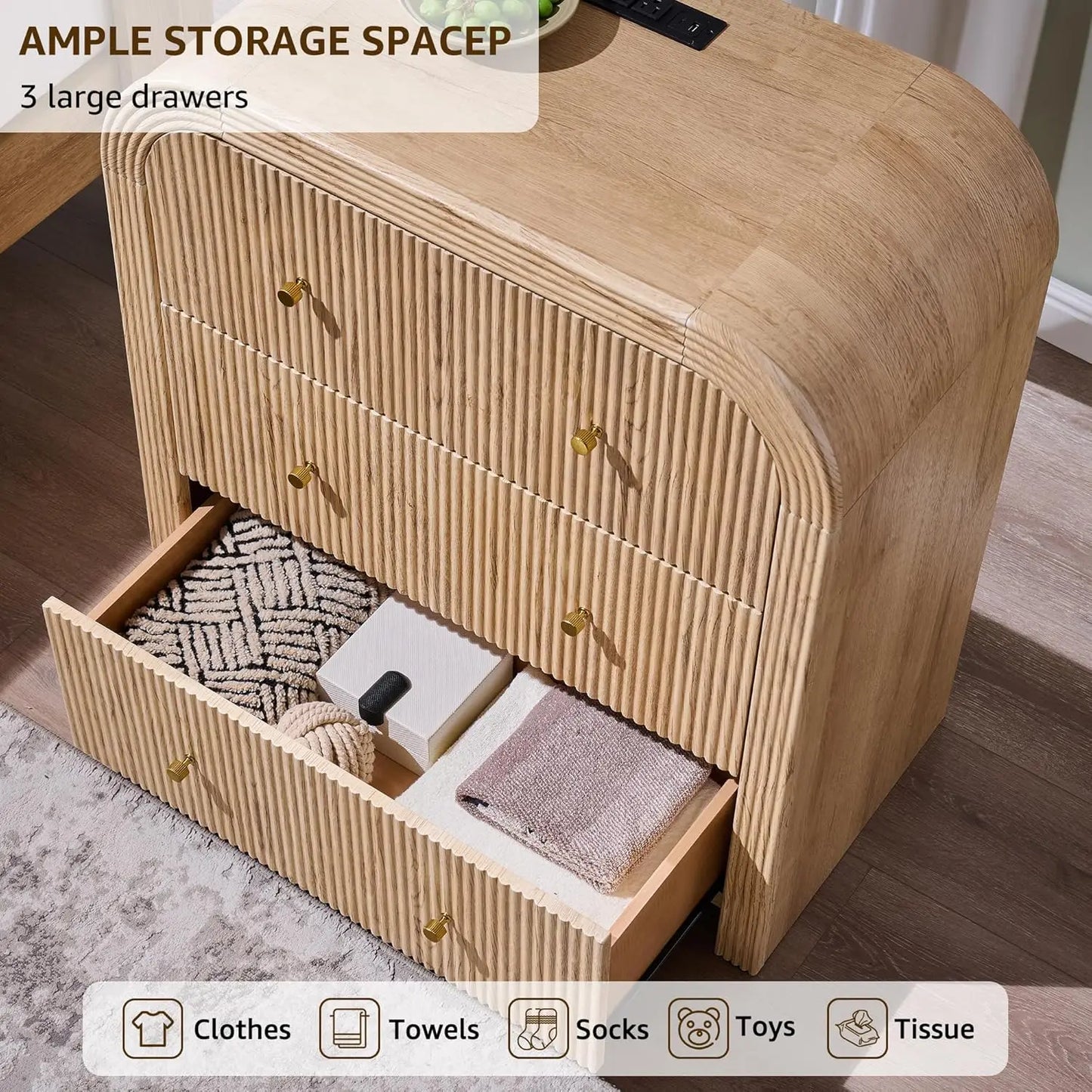Fluted End Table Nightstand Charging Station
