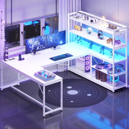 Desk with Storage Shelves and LED Lights for L-Shaped Office Setup