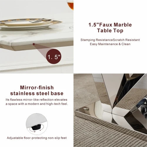Rectangle Faux Marble Dining Table with Mirrored Finish Stainless Steel Base