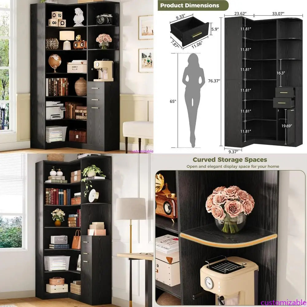 10 Open Shelves and 2 Drawers L-Shaped Corner Bookshelf