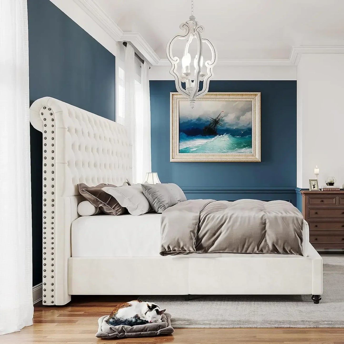 Bed Frame Upholstered Platform Bed with Sleigh Headboard, Button Tufted, No Box Spring Needed