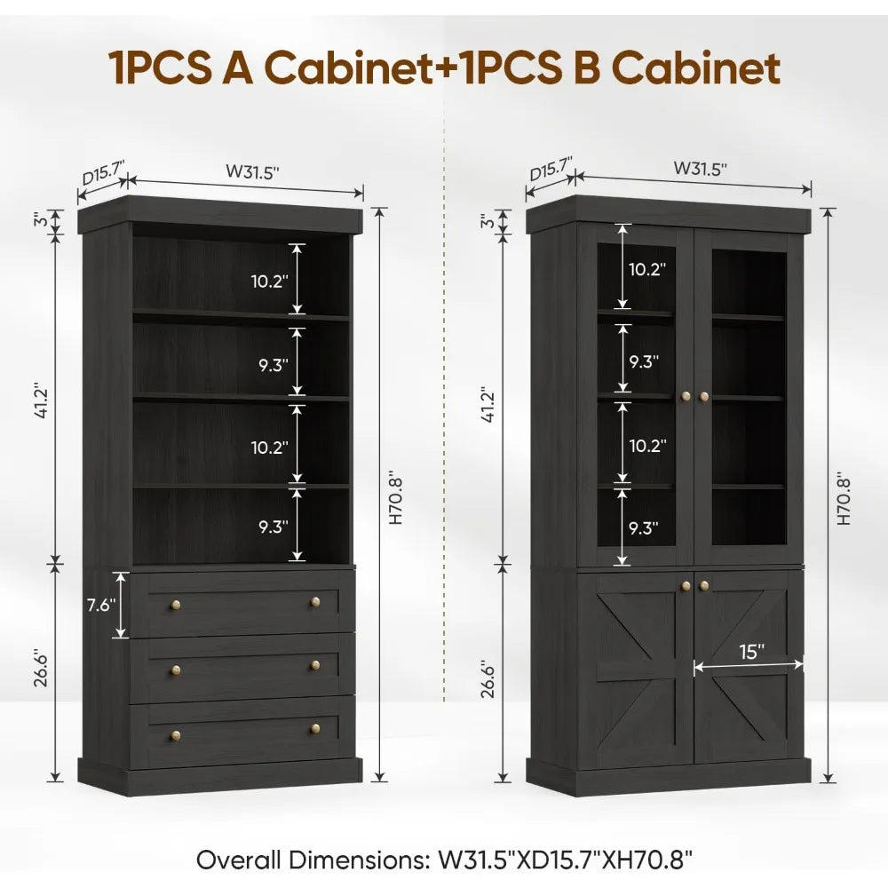 Tall Farmhouse-Style Kitchen Pantry Cabinet with Glass Doors with Adjustable Shelves