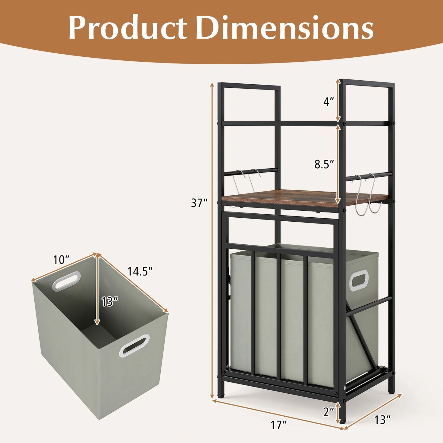 Laundry Hamper w/ Tilt-out Basket w/ 4 Hooks & Removable Bag