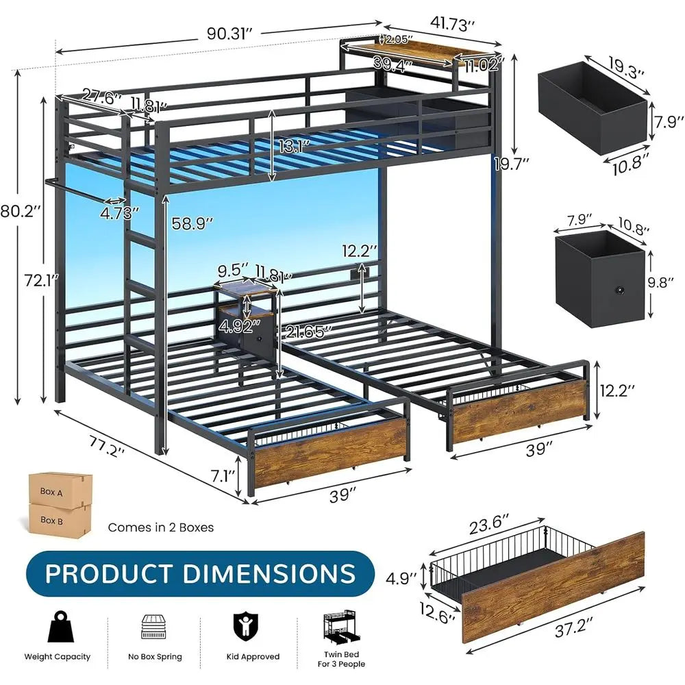 Triple Bunk Bed with Storage Dressers and Bed Shelves