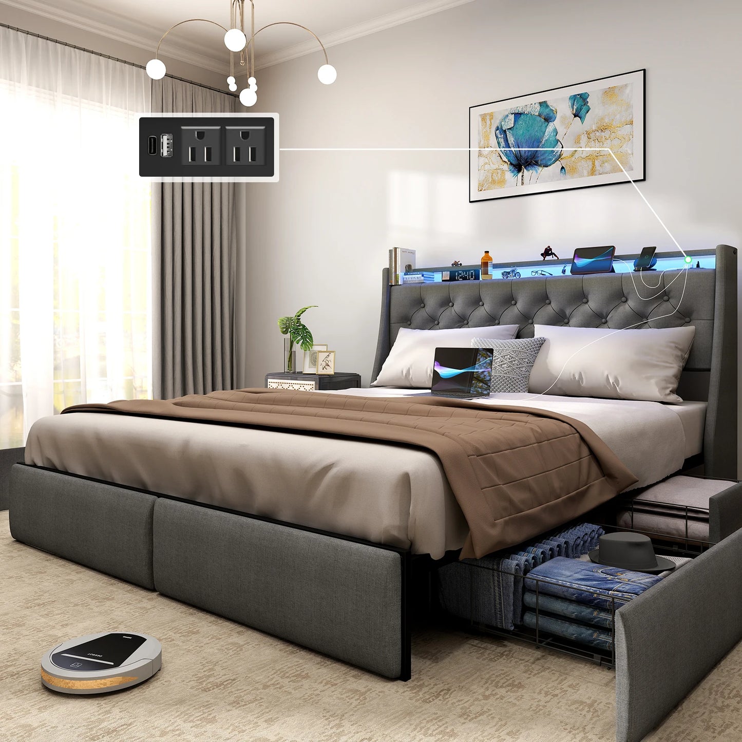 Upholstered Headboard & Bed Frame with 4 Storage Drawers and LED Lights