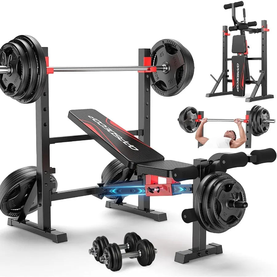 Foldable Adjustable Weight Bench Set with Squat Rack and Leg Extension/Curl