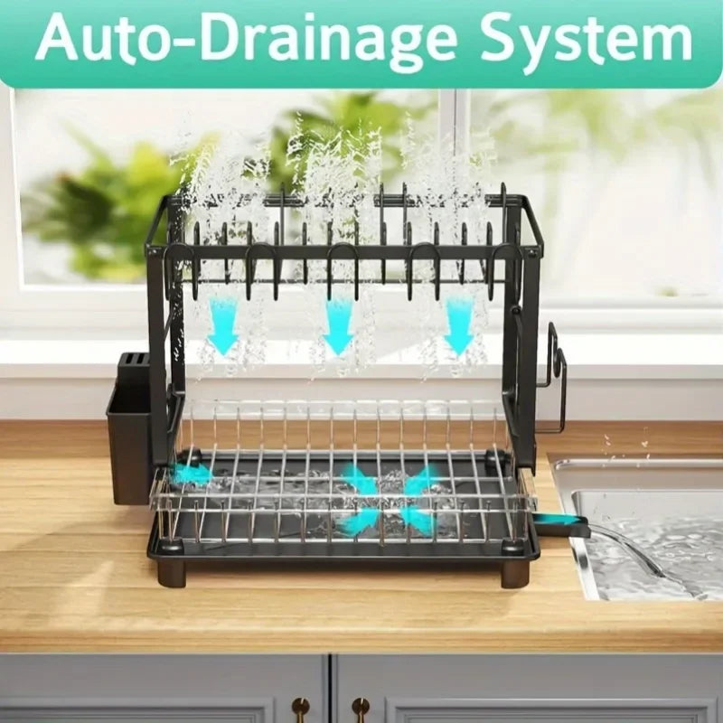 Kitchen Counter Dish Drainer with Drainboard - Space-Saving Storage Organizer