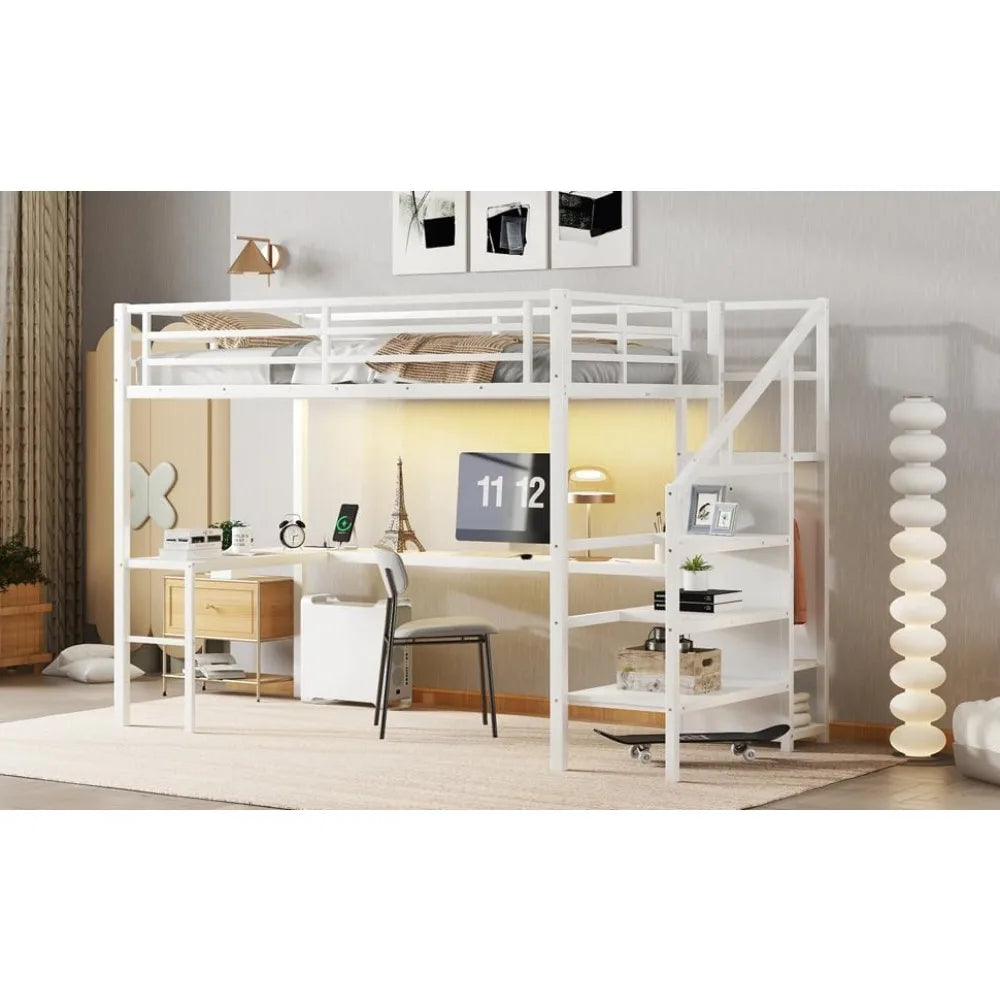 Twin XL Loft Bed with Stairs and L-shaped Desk