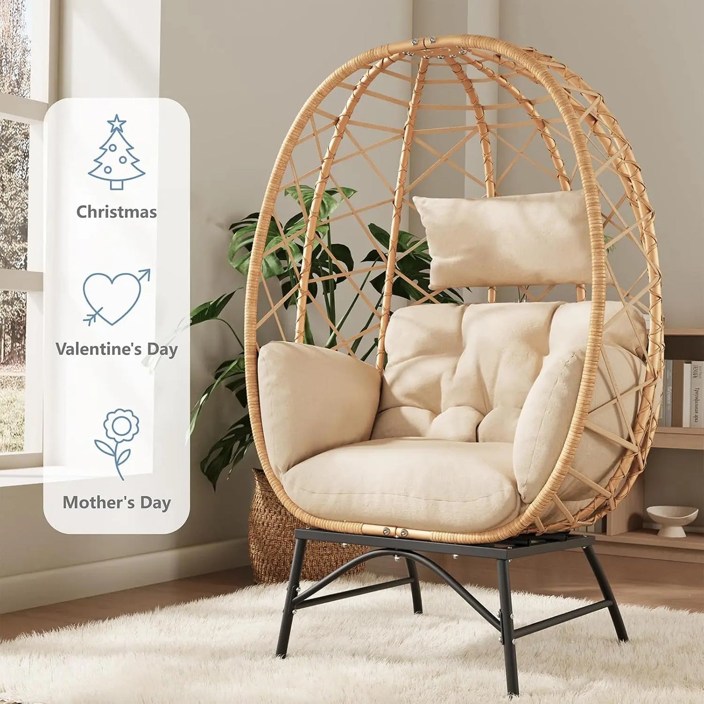 Oversized Patio Wicker Egg Lounge Chair with Cushion