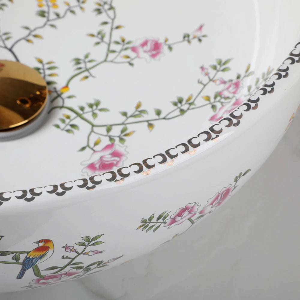 Ceramic Vessel Counter Top Flower Bird Pattern Bowl Sinks for Bathrooms